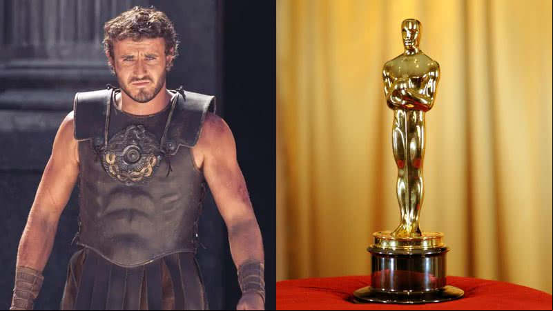 Cena de Gladiador 2 (à esqu.) e a estatueta do Oscar (à dir.) - Getty Images