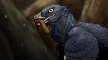 Ilustração representando o microraptor com pata de antigo mamífero na boca - Divulgação/Scimex