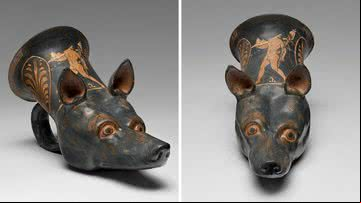 Rítão de terracota em forma de cabeça de cão lacedemônio - Divulgação/Getty Museum