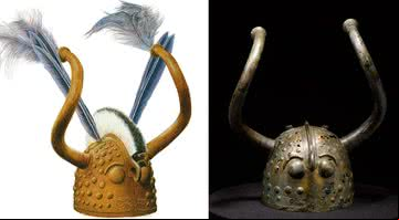 Montagem mostrando ilustração de como seriam os chifres no ado, e fotografia de como os desenterramos - Divulgação/ Museu Nacional da Dinamarca