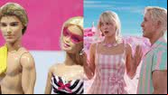 Montagem mostrando bonecos Ken e Barbie, e trecho do filme Barbie (2023) - Divulgação/ CC BY-NC-SA Bilde/ Mark Lennihan e Reprodução/Vídeo