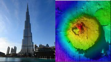 O prédio Burj Khalifa (esq.) e o monte submarino encontrado na Guatemala (dir.) - Getty Images e  Schmidt Ocean Institute